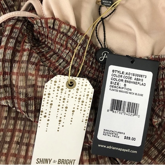 NWT ADRIANNA PAPELL Long Sleeve Plaid Shimmer Cami Lined Sheer Blouse Size Small - Picture 5 of 6